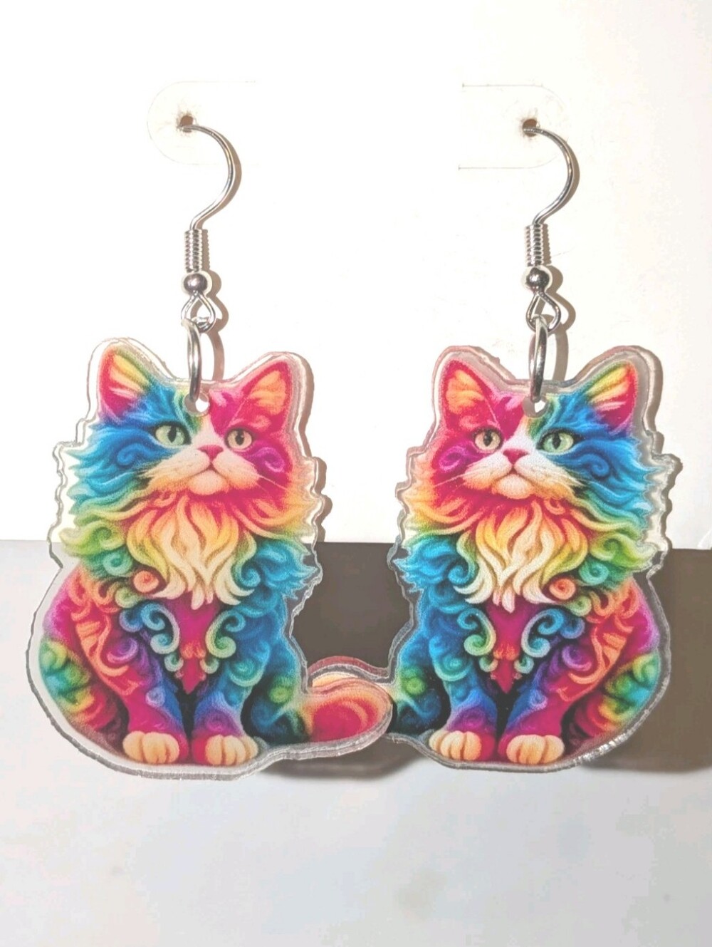 Hand Crafted Rainbow Cat Acrylic Drop Earrings - Multicolor Cat Design